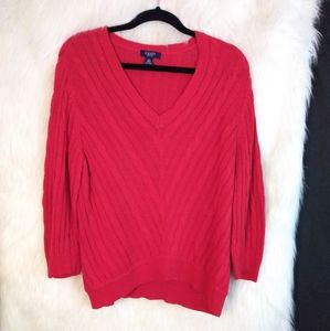Chaps Red Ribbed V Neck Long Sleeve Sweater Size L